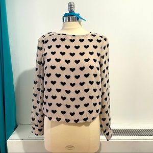 New Without Tags Heart Blouse Black Beige Long Sleeve Top Size M